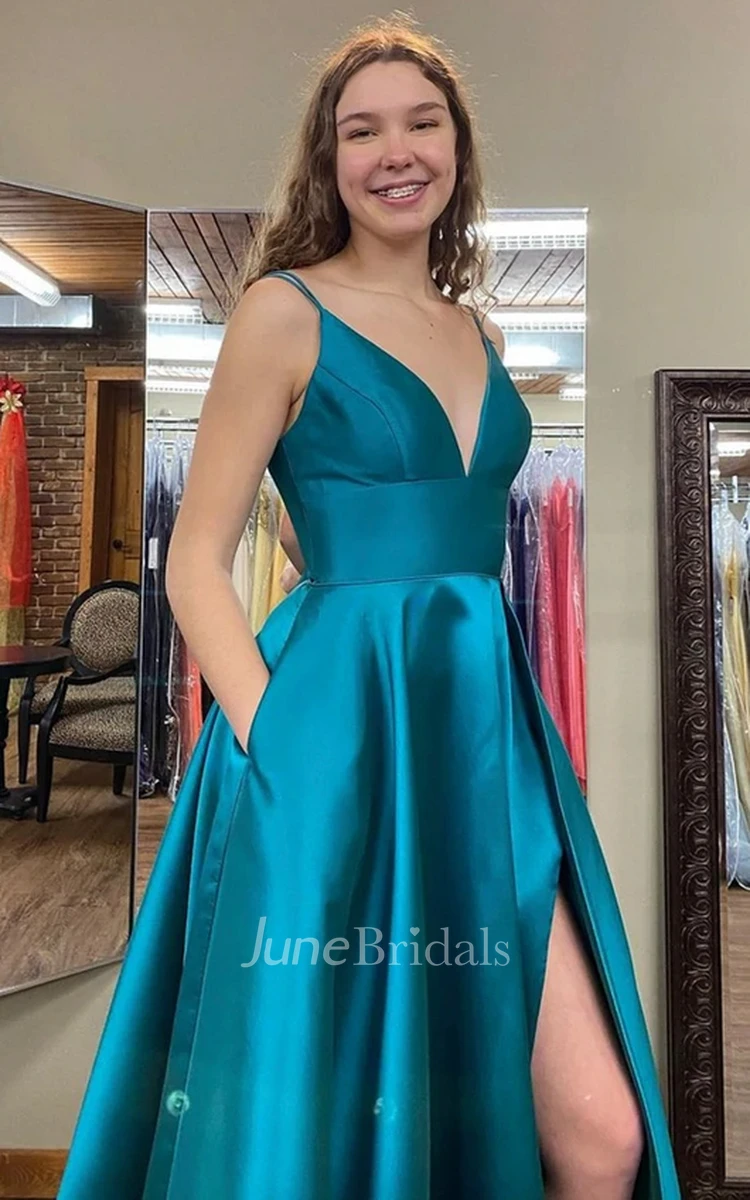 Casual A Line Satin Floor-length Sleeveless Prom Dress with Split Front