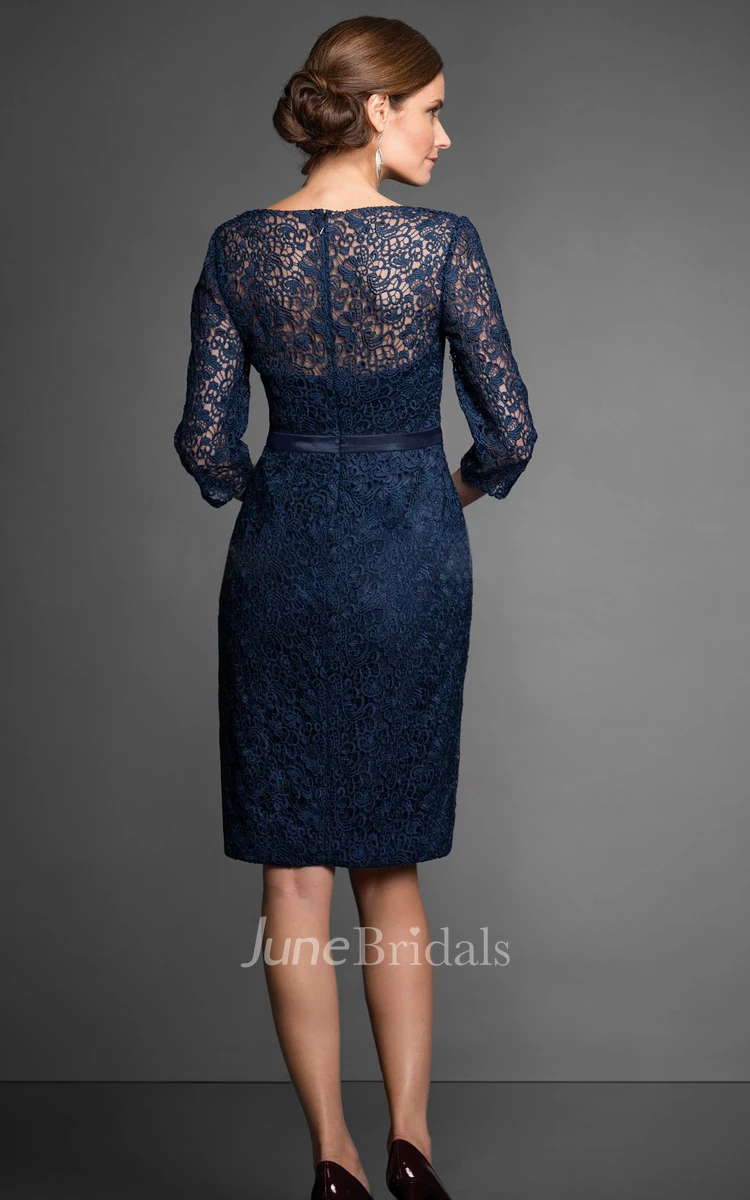 3-4 Sleeved V-Neck Knee-Length Lace Sheath Mother Of The Bride Dress With Illusion Detail