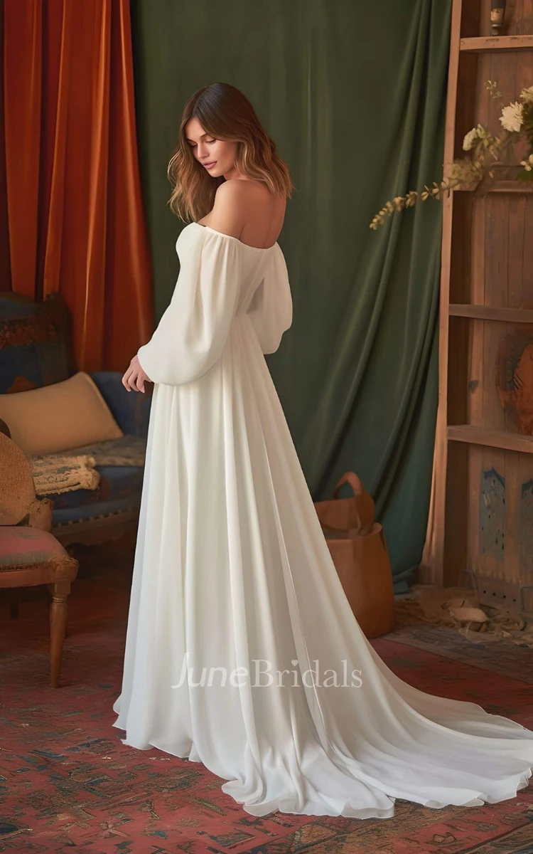 Simple A-Line Half Sleeve Chiffon Wedding Dress with Ruching Off-the-shoulder Country Garden Beach Sweep Train