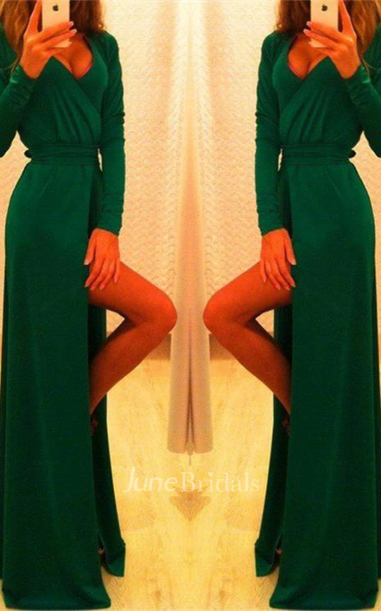 Elegant Long Sleeve Green Prom Dress Long Front Split Party Gowns