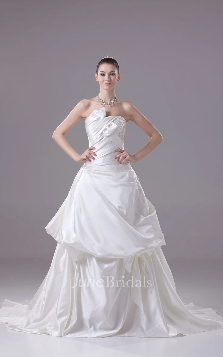 Strapless Pick-Up A-Line Gown with Bow Criss-Cross Ruching