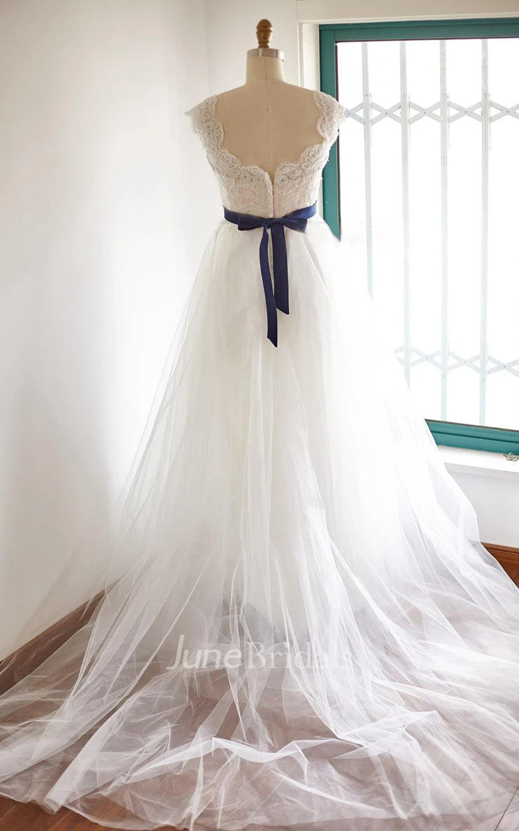 V-Neck Tulle Lace Satin Dress With Illusion Low-V Back