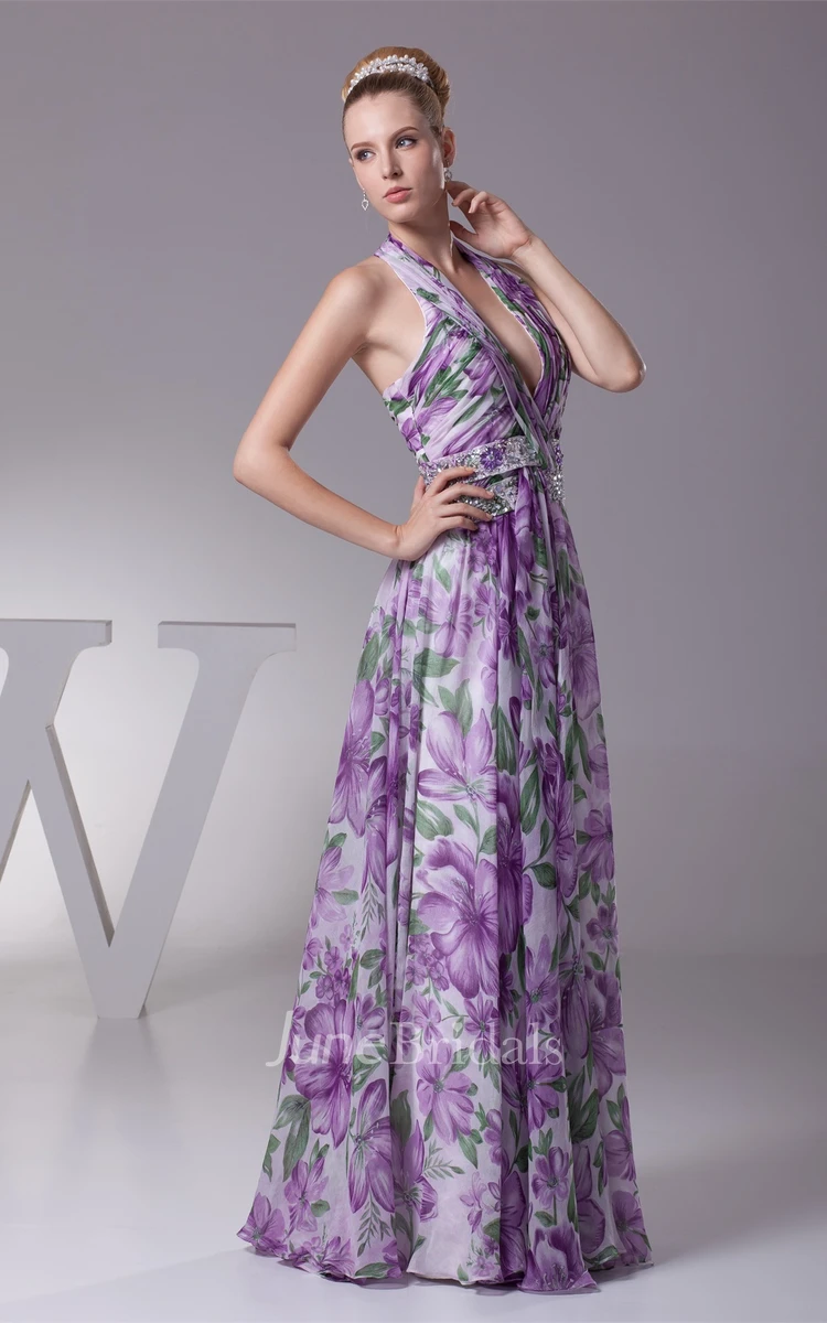 Plunged Sleeveless Maxi Pleated Dress with Halter and Beaded Waist