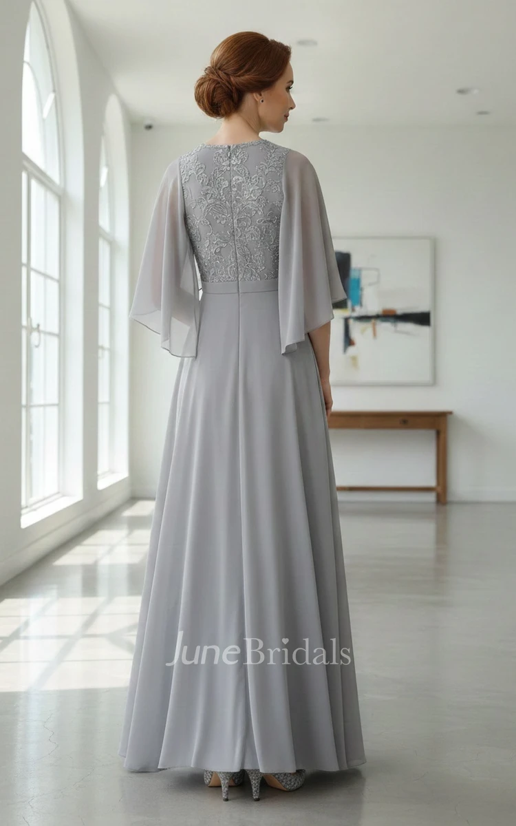 V-neck Elegant A-Line Floor-length Bat Sleeve Lace Appliques Mother of the Bride Dress