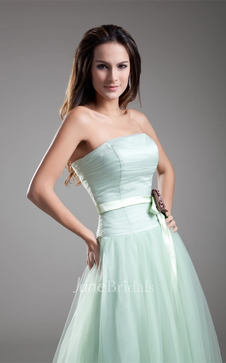 Strapless Chiffon A-Line Gown with Pleats and Flower