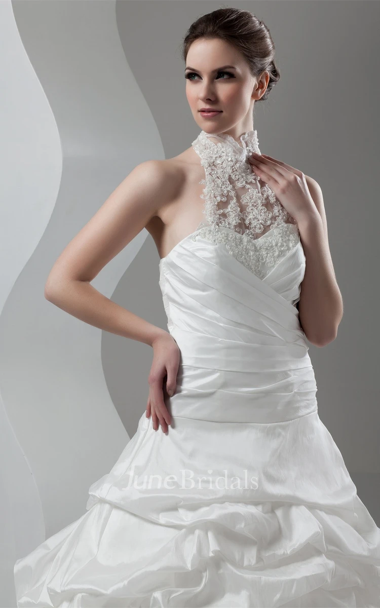 High-Neck Sleeveless Pick-Up Gown with Beading and Appliques