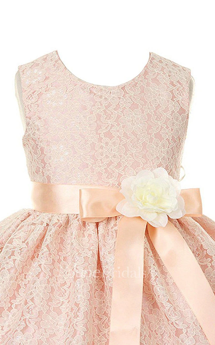 Sleeveless A-line Lace Dress With Floral Sash
