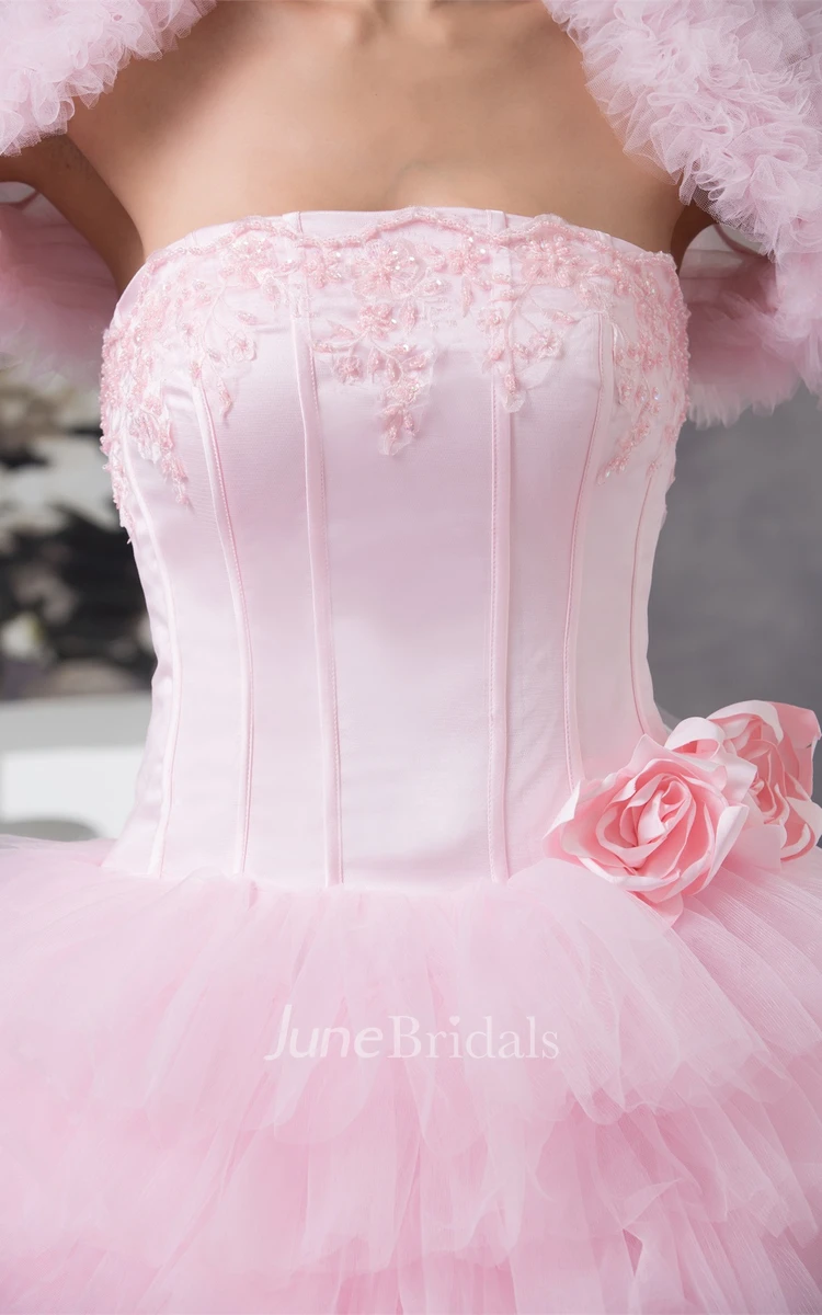 Strapless Ruffled Ball Gown with Appliques and Bolero