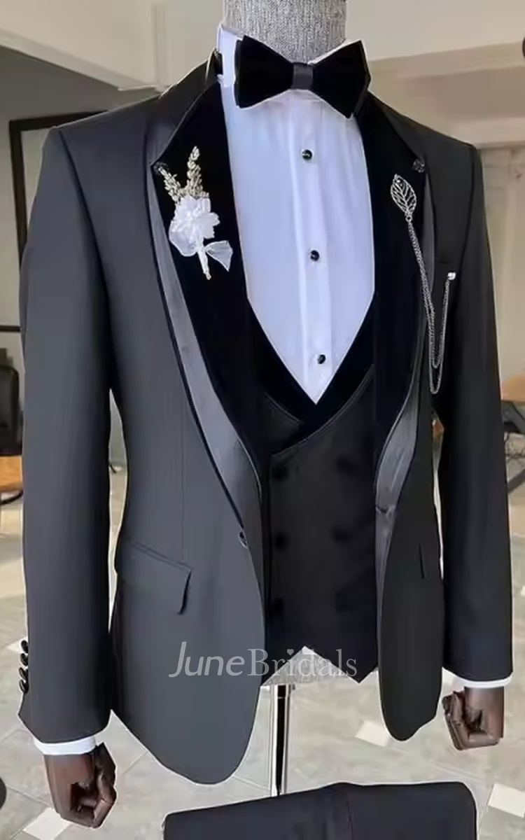 Fashionable Elegant Peaked Lapel Slim Fit 3 Piece Suit for Men Wedding Suit Modern Chic Tuxedo Prom Suit Blazer Jacket Vest Pants