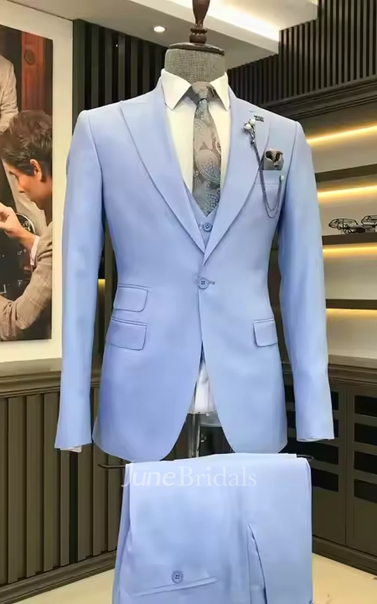 Modern Blue Single-Breasted 2-Piece Suit for Men with Peaked Lapel and Casual Slim Fit