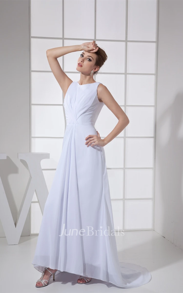 Sleeveless Central-Ruched Chiffon Maxi Dress with Low-V Back