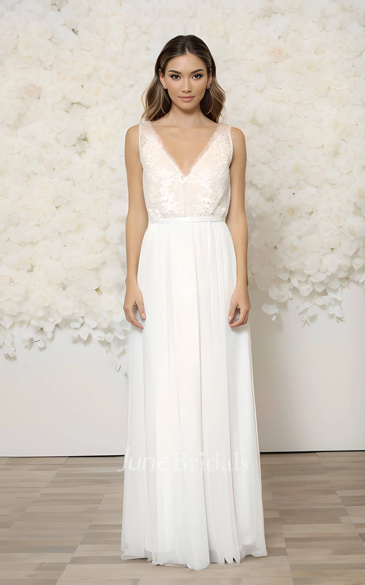 V-neck A-Line Floral Lace Appliques Sleeveless Floor-length Wedding Dress with Ribbon Deep-V Back Garden
