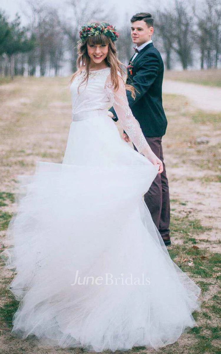 Bateau Illusion Long Sleeve Lace Tulle A-Line Wedding Dress