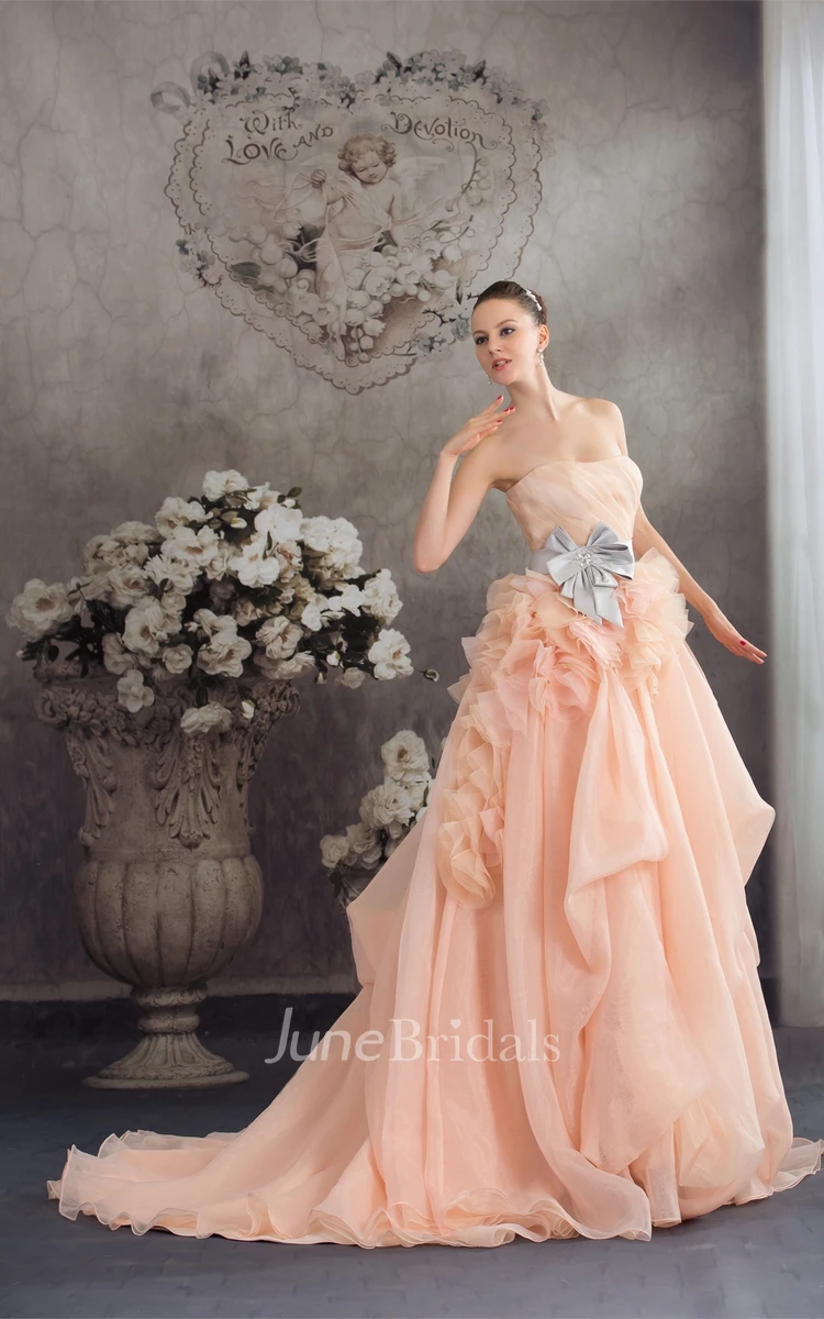 Strapless Ruched Pick-Up Gown with Ruffles and Bow