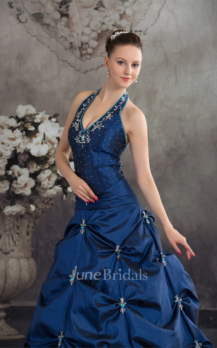 Plunged Pick-Up Ball Gown with Buckle and Crystal Detailing