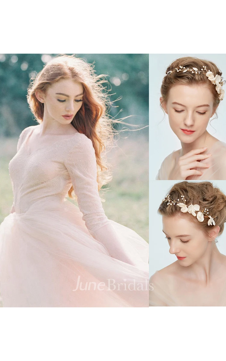 Nude Tulle Wedding Skirt Peony Weddig Dress and Vintage Gold Leafy Blonde Hair Holiday Hair Accessories