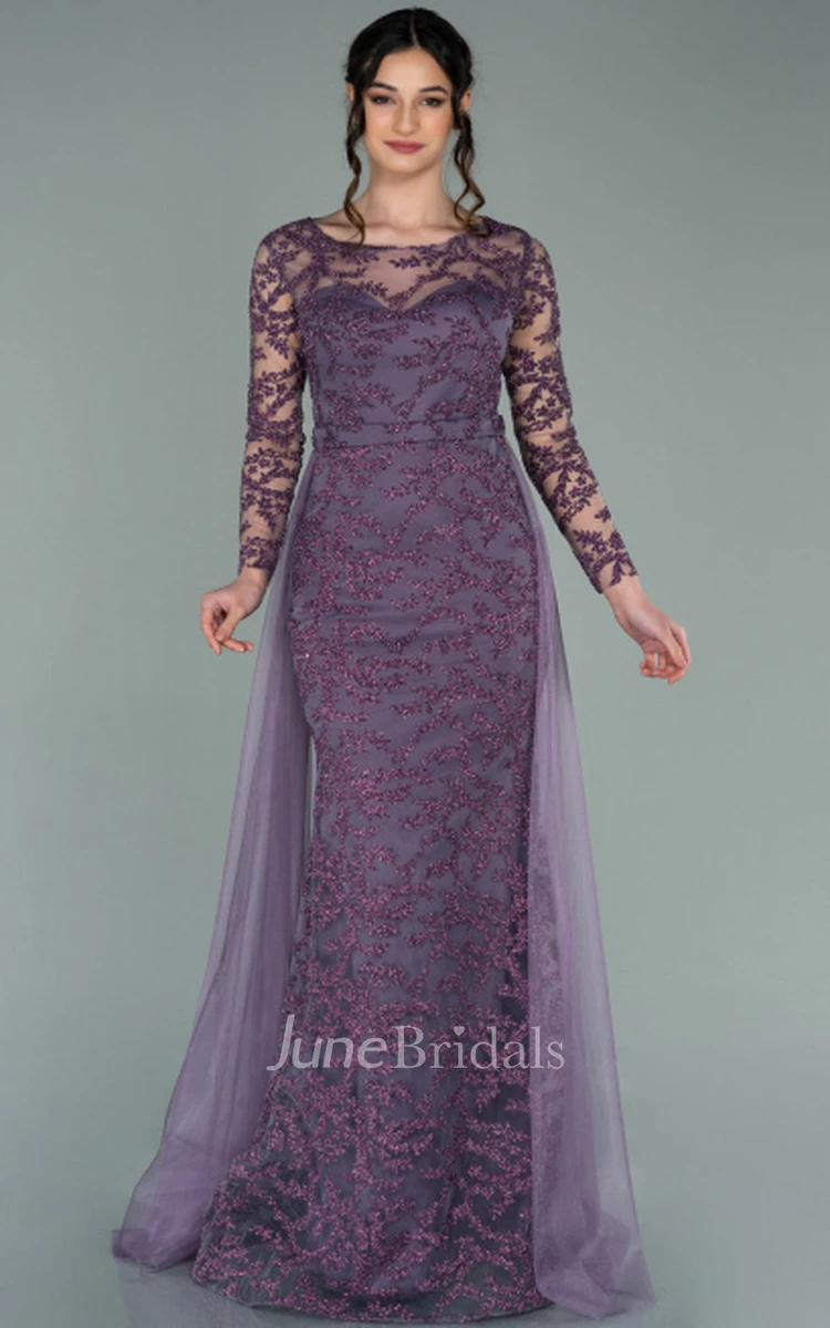 Romantic Sheath Bateau Lace Tulle Prom Dress With Long Sleeve And Removable Skirt