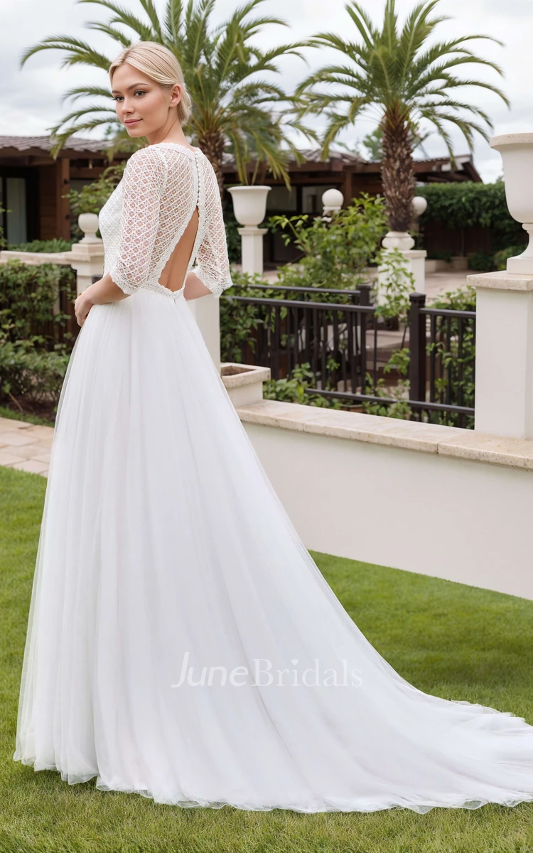 Modest Floral A-Line Boho Lace Boat Neck Beach Garden Wedding Dress Summer Elegant Short Half Sleeve Triangular Back Court Train Bridal Gown
