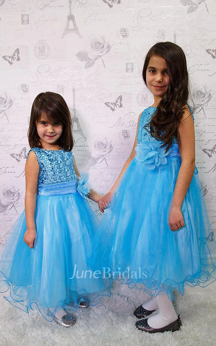 Aqua Flower Girl Special Occasion Pleated Tulle Dress with Flower Belt