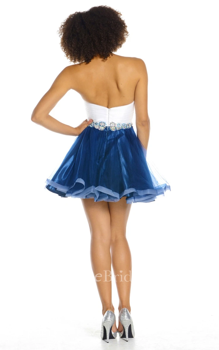 A-Line Mini Crystal Sweetheart Sleeveless Tulle Prom Dress With Backless Style And Ruching