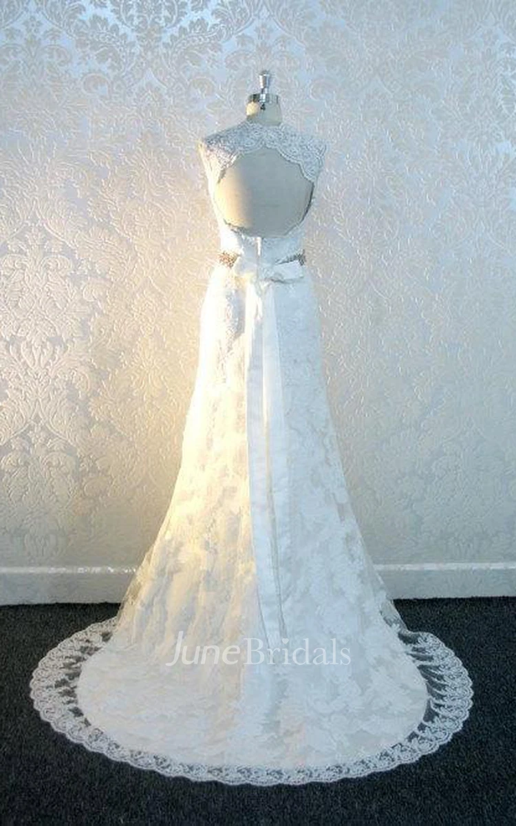 Queen Anne Keyhole Back Long Lace Wedding Dress With Sash And Crytal Detailing