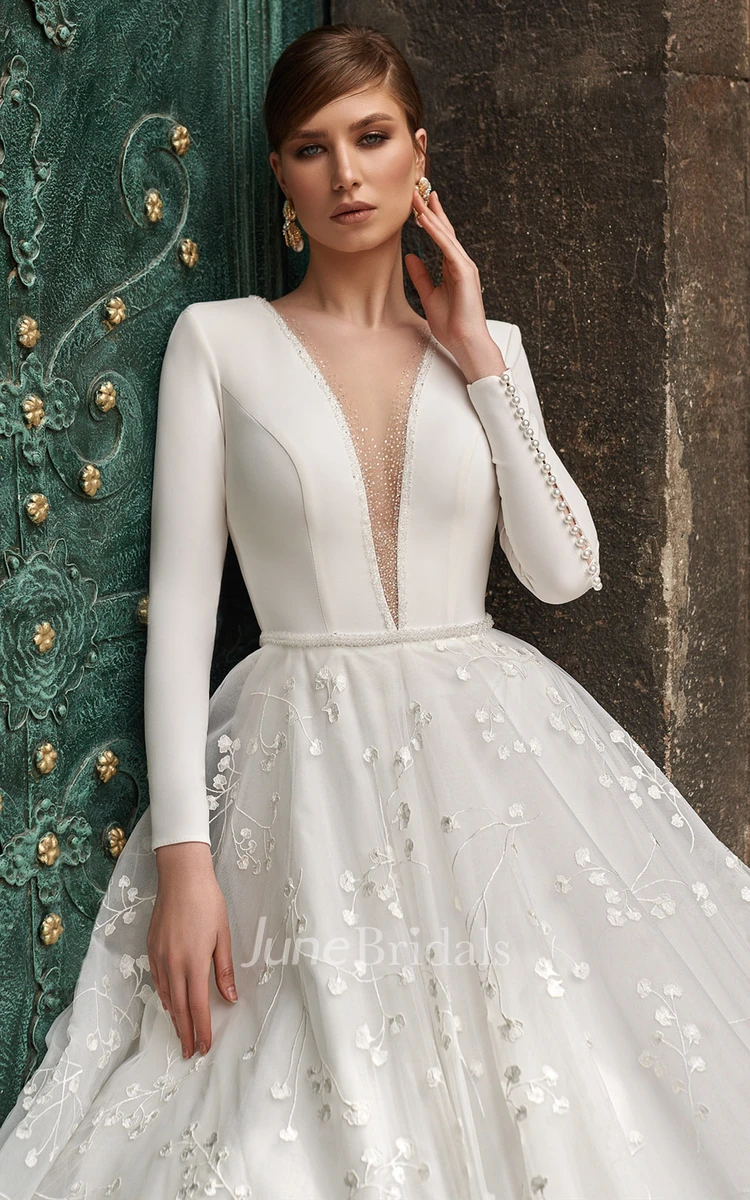 Modern Satin A Line Court Train Wedding Dress with Appliques and Beading