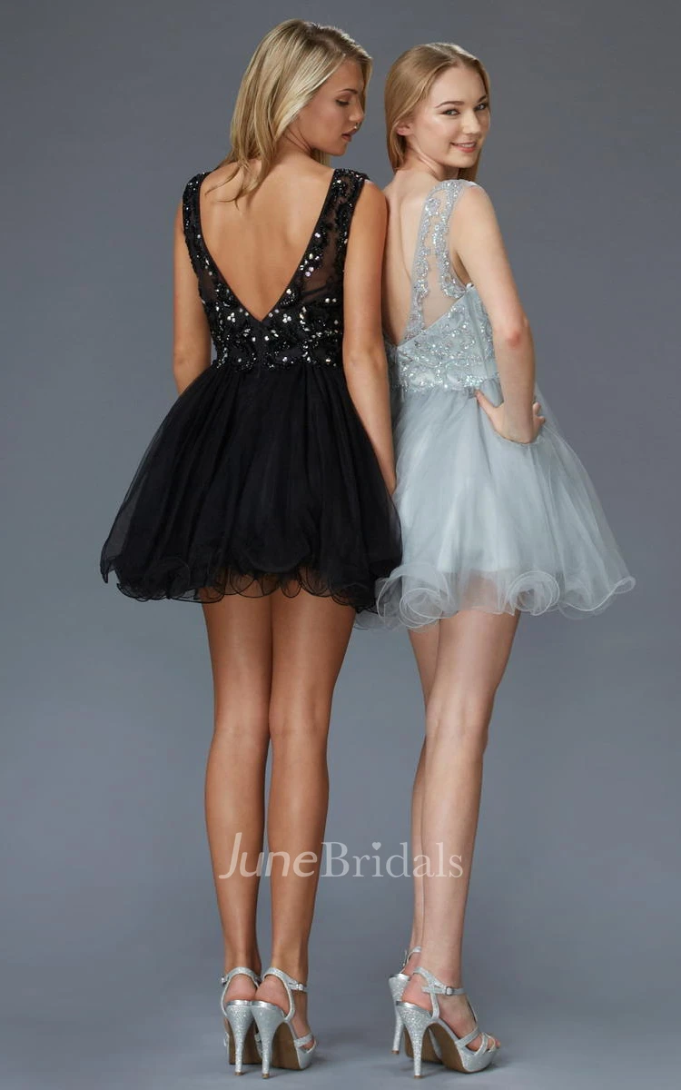 A-Line Mini Bateau Sleeveless Tulle Low-V Back Dress With Sequins And Beading