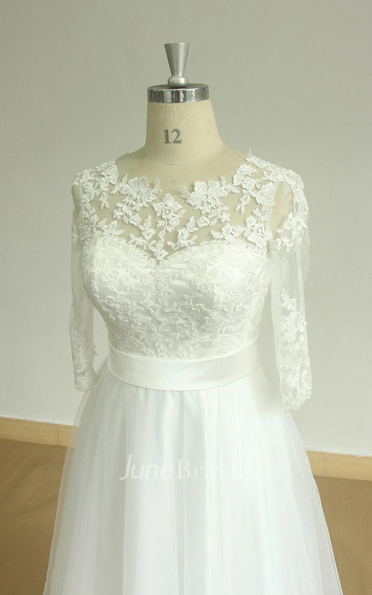 A-Line Tulle Lace Satin Weddig Dress With Keyhole Back