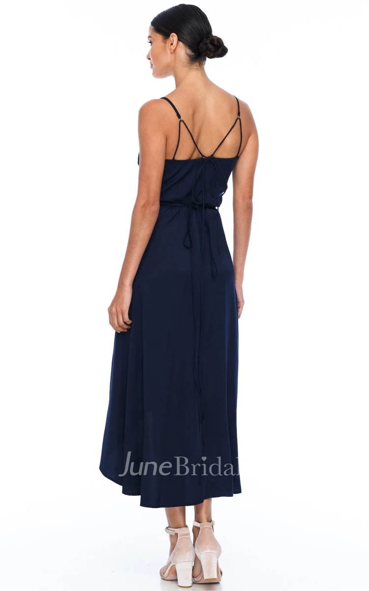 Simple Ethereal A-Line Spaghetti Charmeuse Bridesmaid Dress With Open Back And Sash