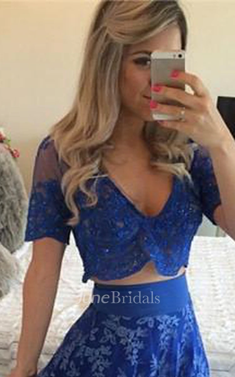 Sexy Two Piece Royal Blue Prom Dress Appliques Short Sleeve
