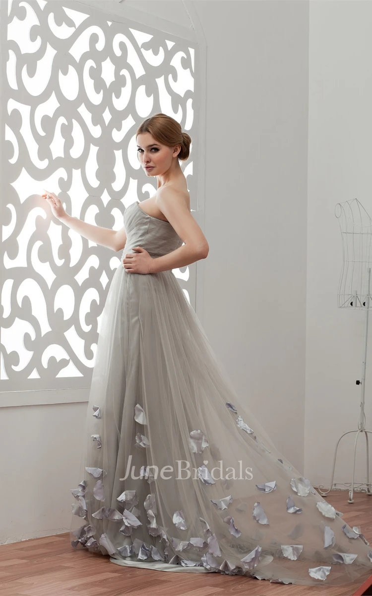 Strapless Tulle Floor-Length Gown with Flower and Pleats
