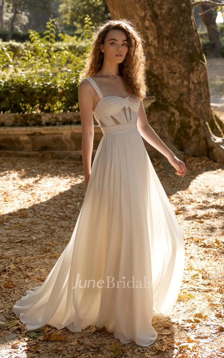 Casual Straps Backless Chiffon Wedding Dress with Shell Notched Front Flowing