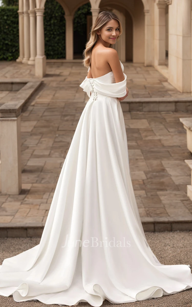 Beach Garden A-Line Off-the-Shoulder Satin Dress for Wedding Elegant Sexy Low Back High Slit Bridal Gown with Ruching