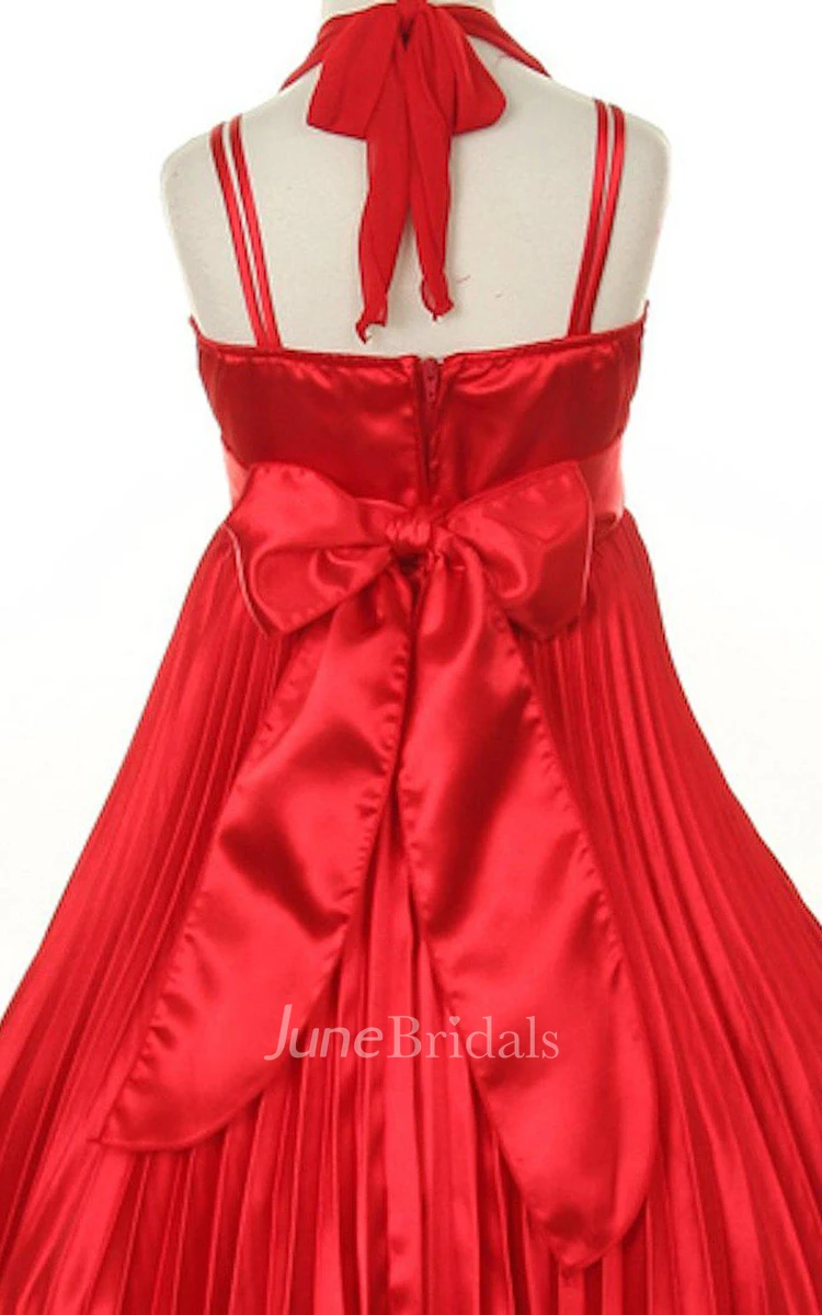 Sleeveless A-line Pleated Dress With Straps and Bow