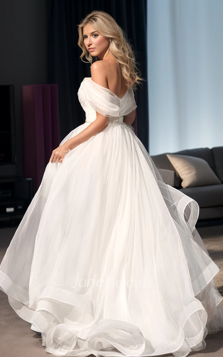 Modern Simple A-Line Off-the-Shoulder Sweetheart Wedding Dress Fairy Modest Ruched Tulle Bridal Gown with Sweep Train