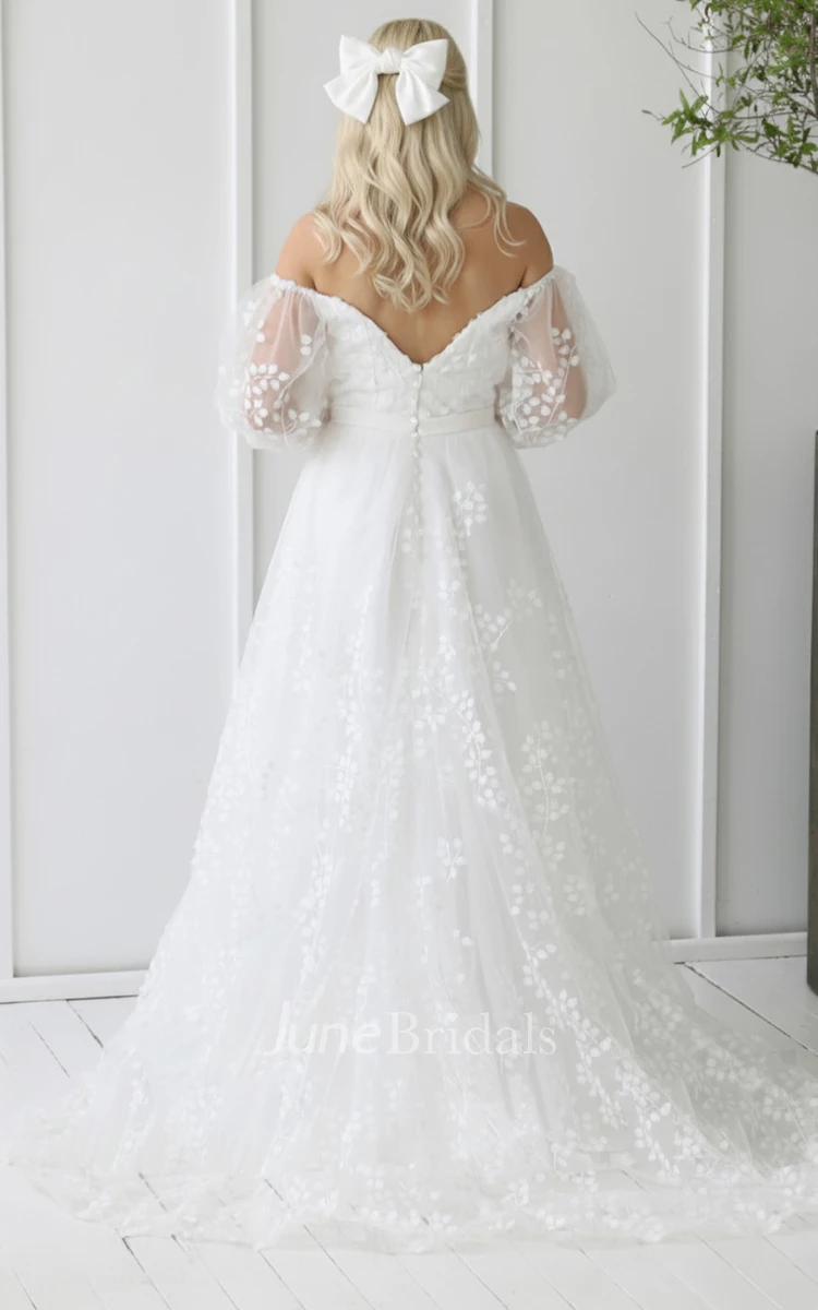 Romantic A-Line Off Shoulder Wedding Dress with Puff Sleeves and Lace Appliques Elegant Tulle Bridal Gown