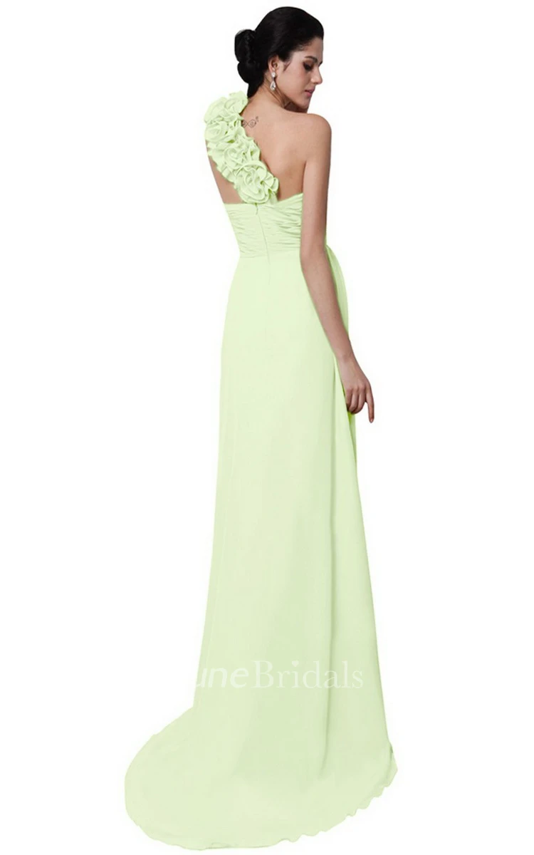 One-shoulder Long Chiffon Dress With Flowers