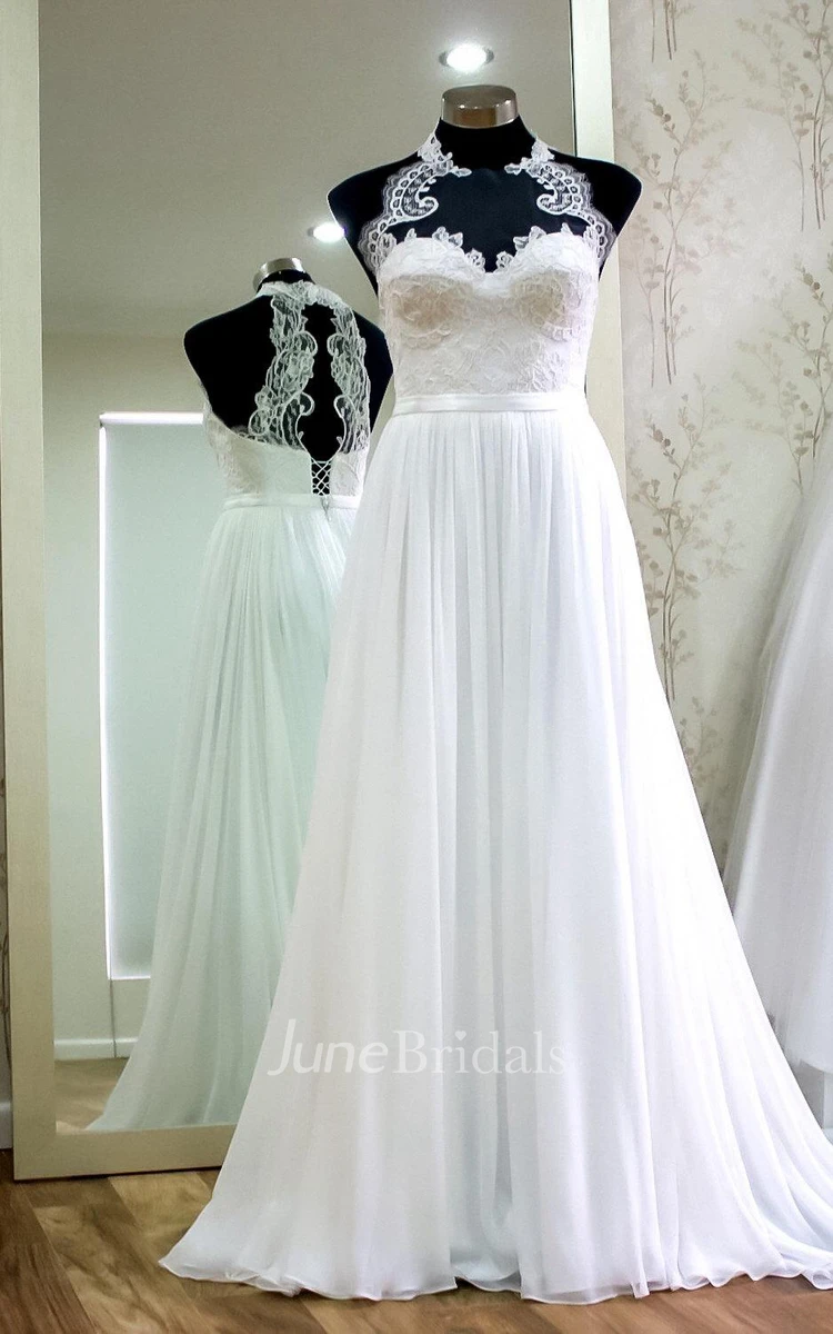 Unique Halter Long A-Line Chiffon Wedding Dress With Lace Appliques