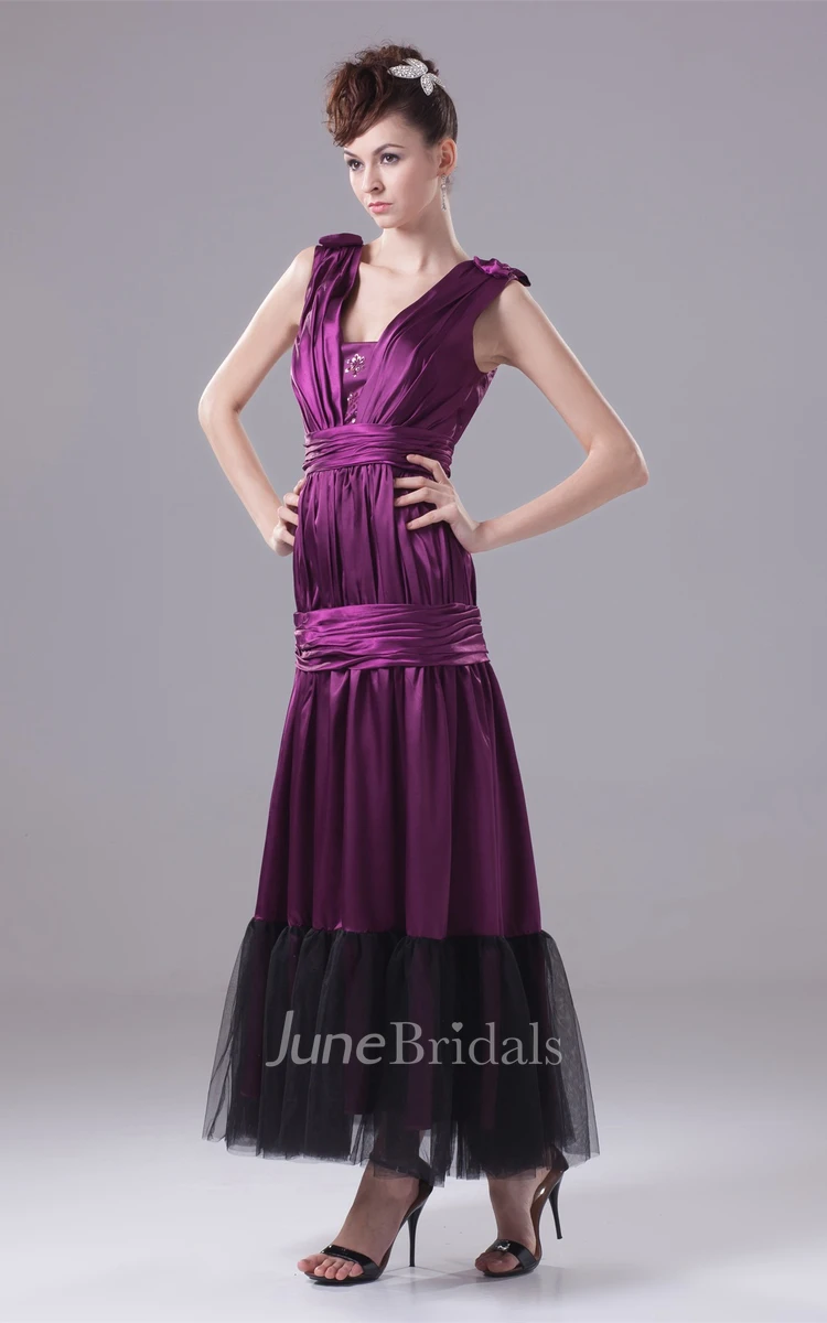 Sleeveless Square-Neckline Ruched A-Line Gown with Cinched Band and Beadings