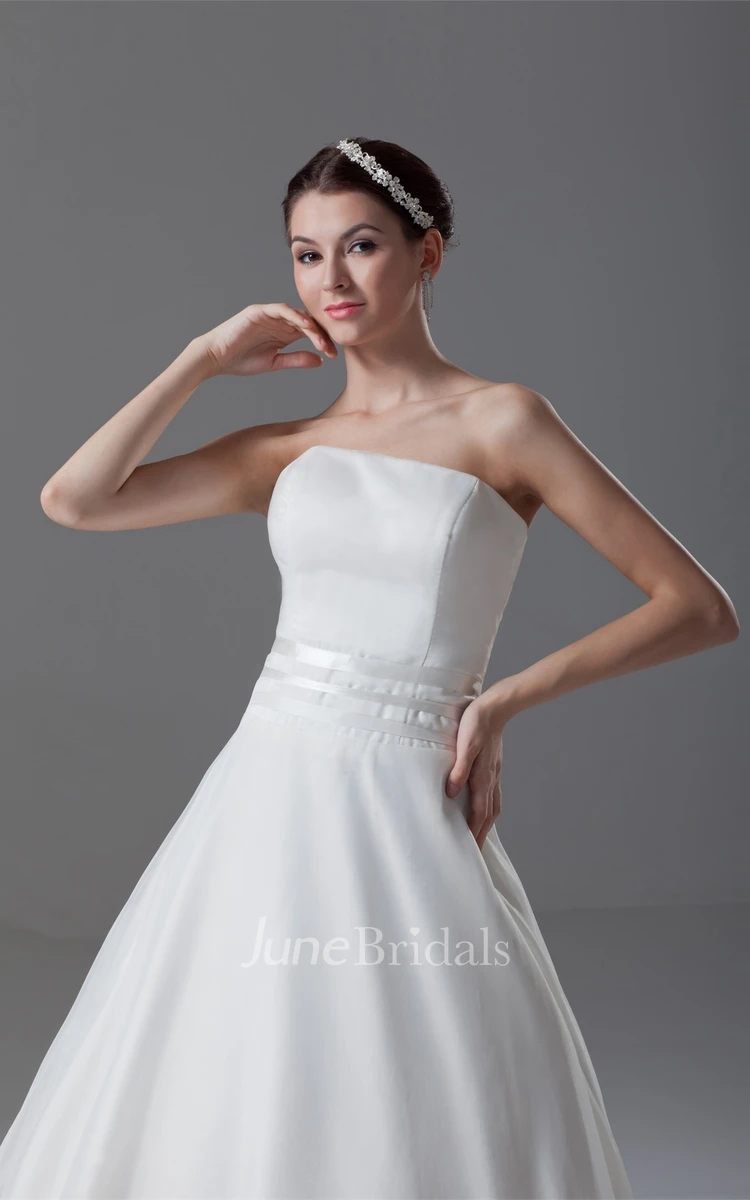 strapless ball a-line gown with backless design and court train