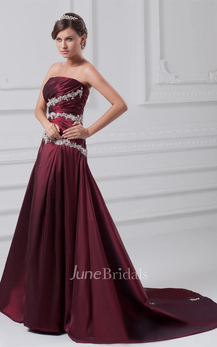 Strapless A-Line Appliqued Gown with Ruched Bodice
