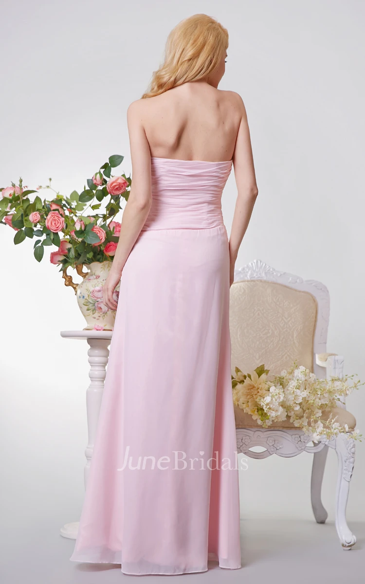 Elegant Strapless Ruched A-line Long Chiffon Dress With Appliques