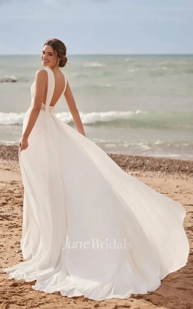 Solid Chic Chiffon Lace A-Line Plunging Neckline Spring Wedding Dress Simple Elegant Ethereal Floor-length Backless Sleeveless Bridal Gown with Train
