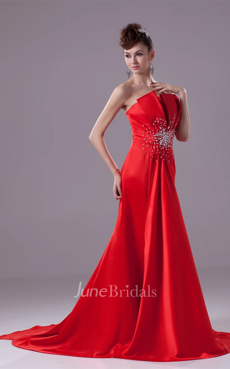 Floor-Length Layered Strapless A-Line Side Draping Gown with Beadings