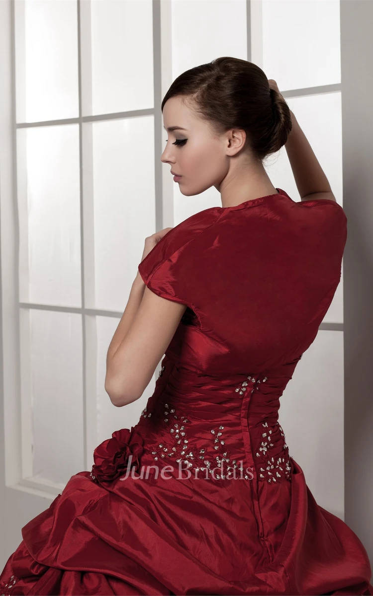 Strapless Pick-Up Ball Gown with Rhinestone and Flower