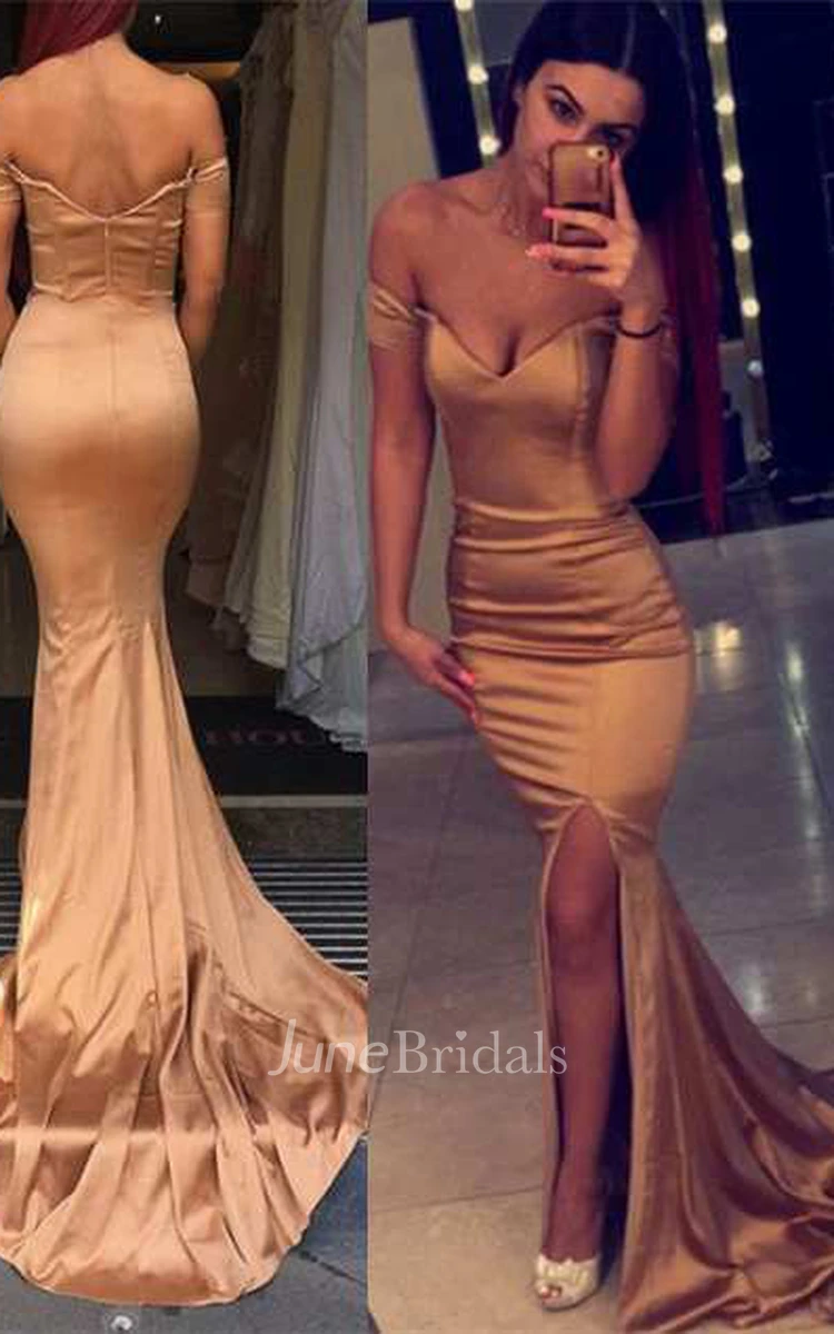 Sexy Off The Shoulder V Neck Mermaid Gown With Front Split