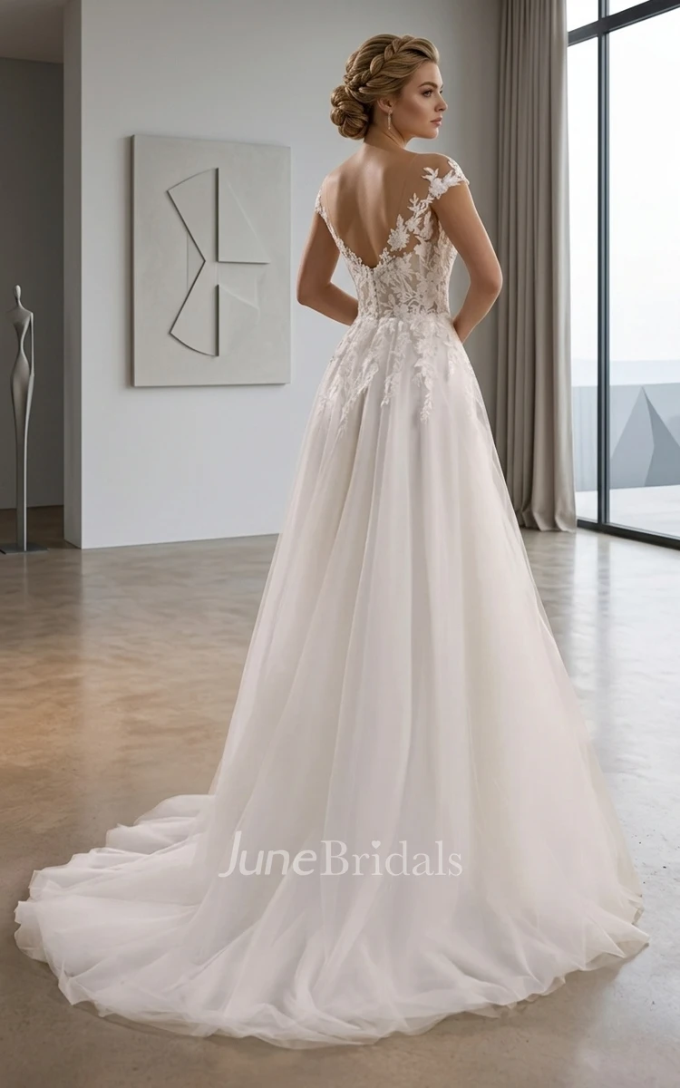 A-Line Off-the-shoulder Lace Tulle Wedding Dress Sexy Sleeveless Deep V Neckline Gown with Front Slit