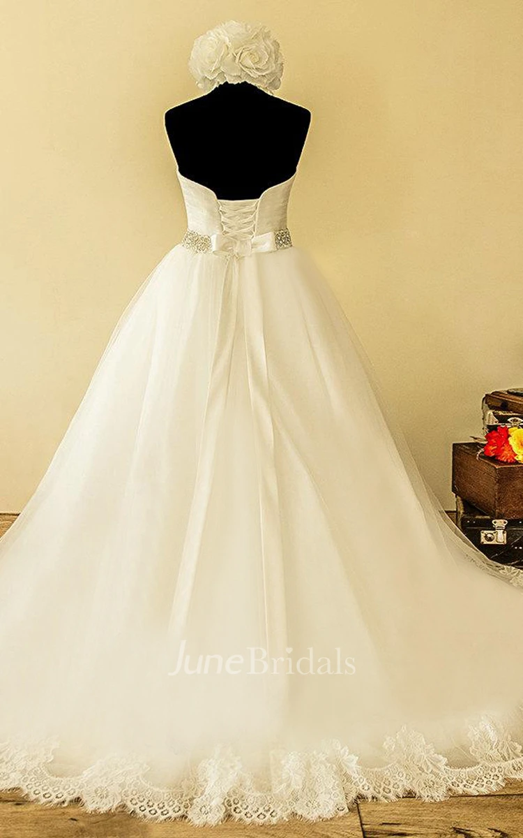 Ball Gown Strapped Sweetheart Tulle Lace Satin Dress With Lace-Up Back
