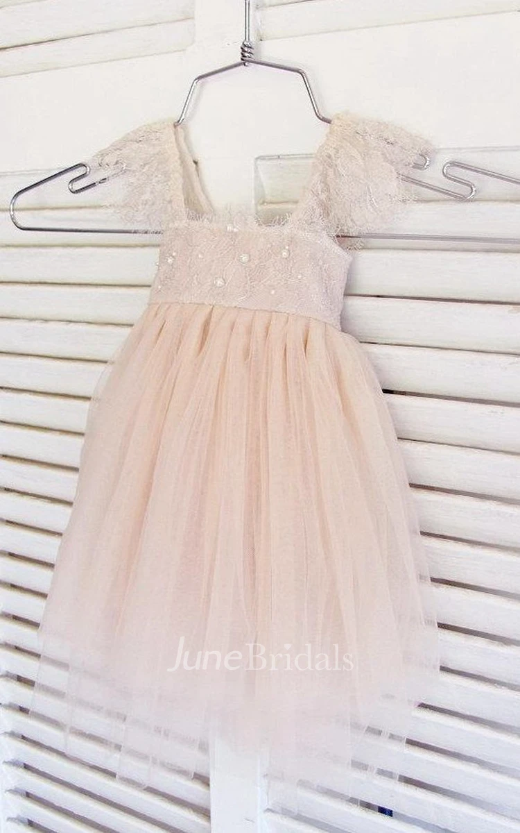 Tulle&Lace Dress With Cap Sleeve and Pleats