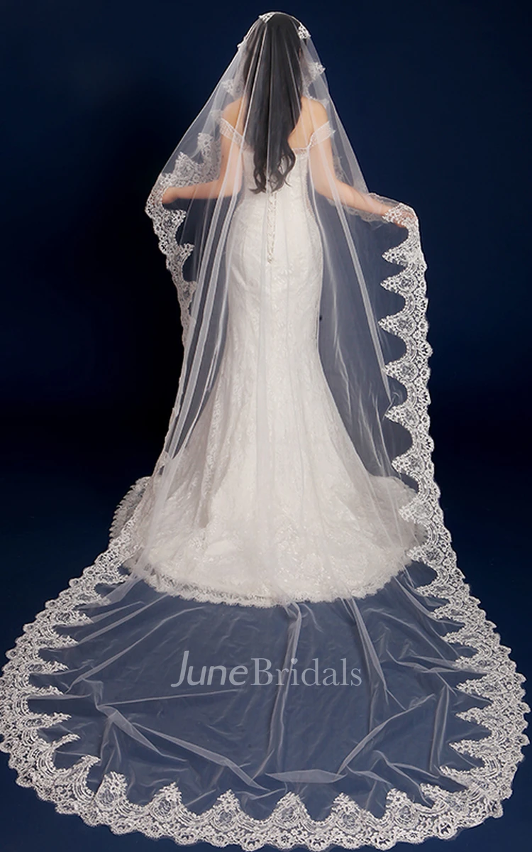 Korean Style Cathedral Wedding Veil with Exquisite Lace Edge